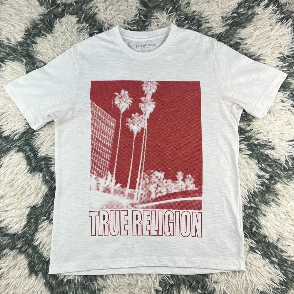 True Religion Men’s White Red Graphic T-shirt Size Medium SS Palm Tree